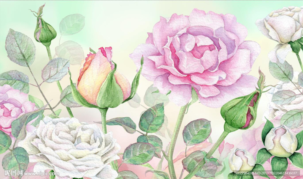 现代高清手绘小清新玫瑰花背景墙