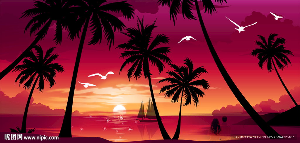 大海黃昏椰樹海鷗情侶背景