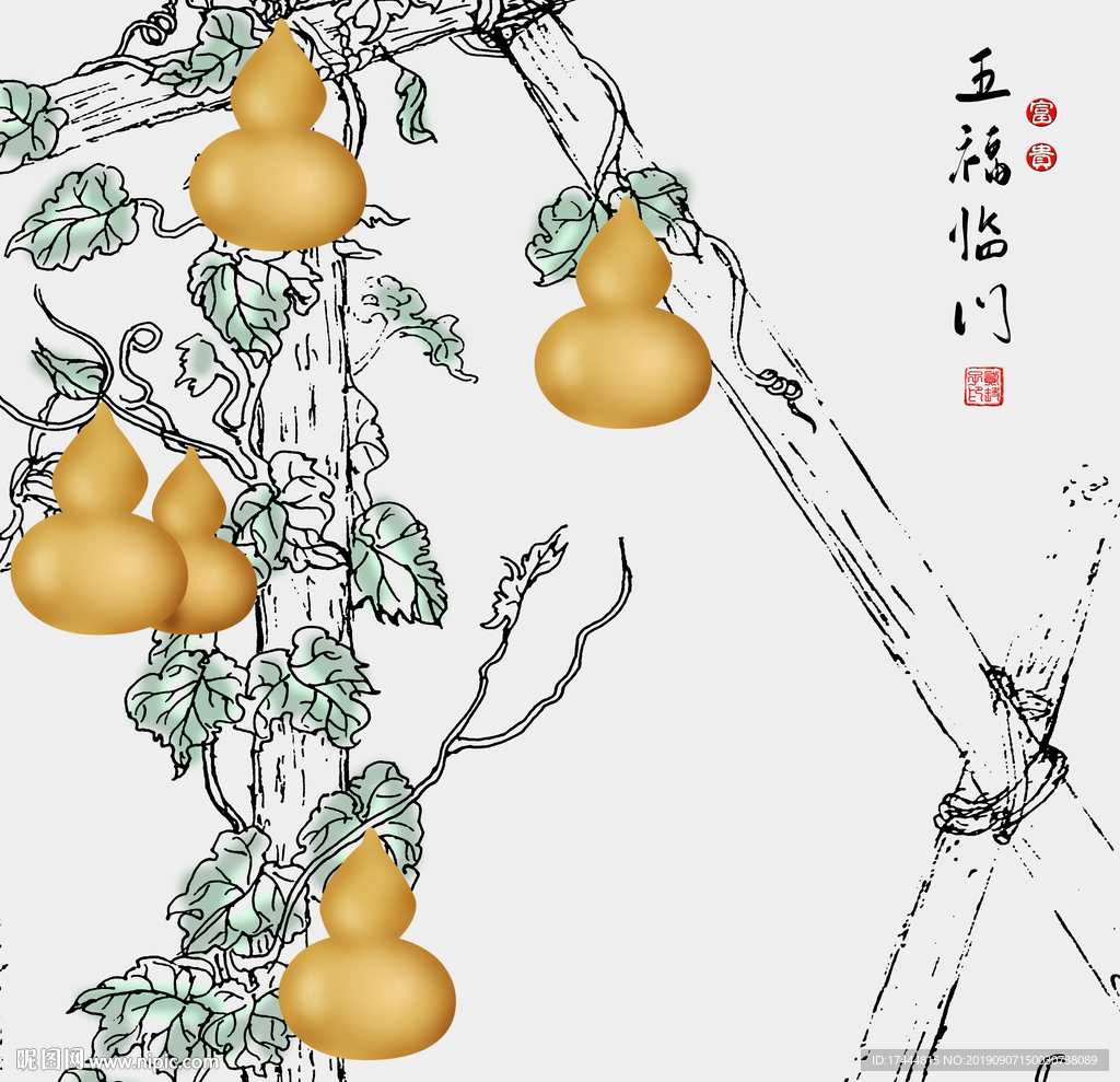 新中式手绘水墨金葫芦民俗装饰画