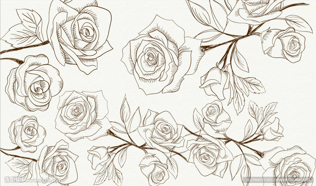 铅笔手绘玫瑰花植物电视背景墙