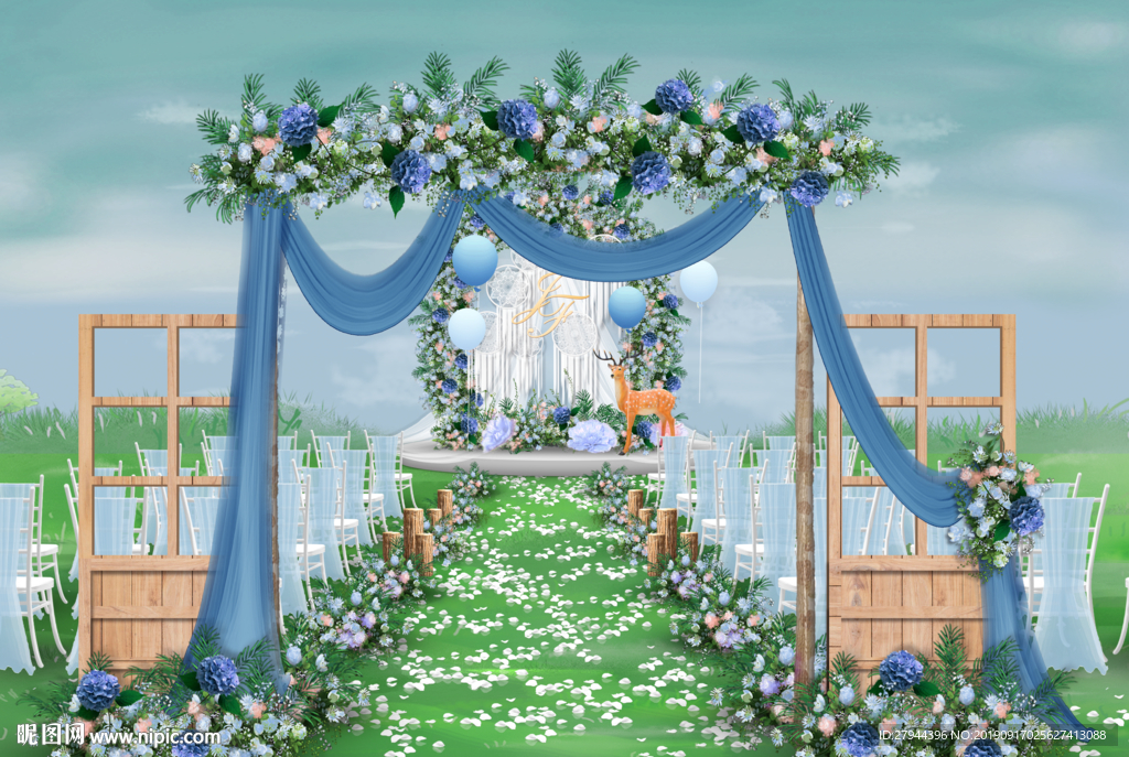 蓝色系户外草坪婚礼仪式区