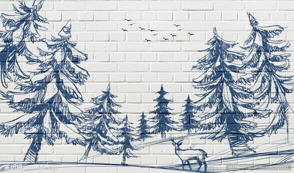 砖纹手绘森林麋鹿电视背景墙