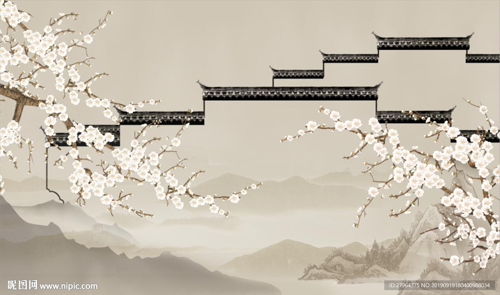 新中式手绘远山古建桃花背景墙
