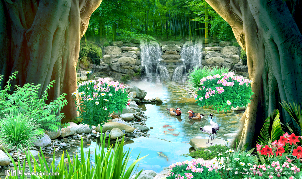 3D立体树林流水山水风景背景墙