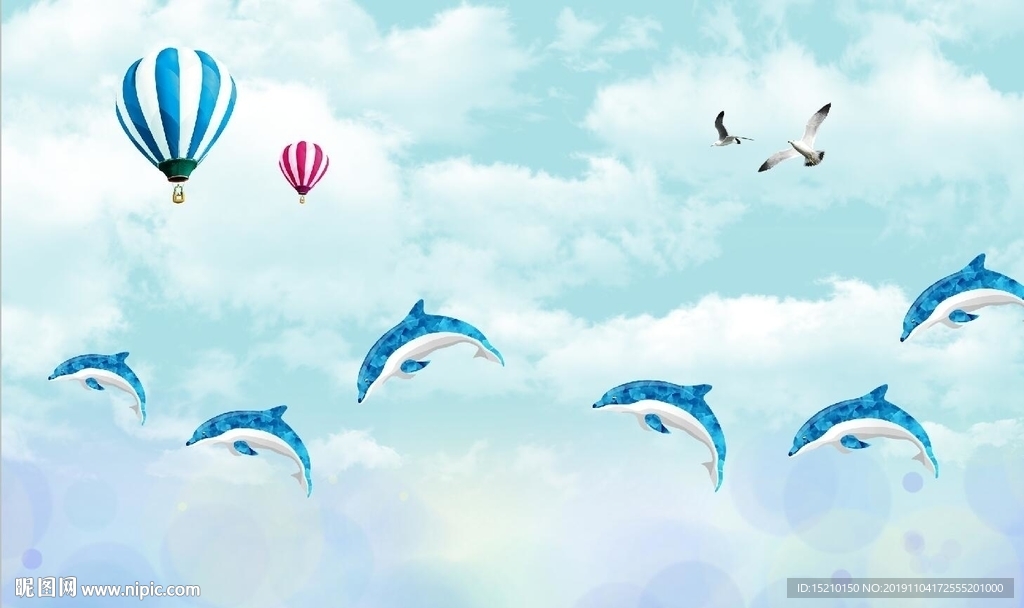蓝天白云海豚热气球电视背景墙