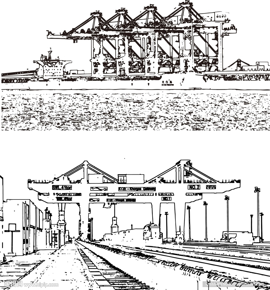 港口塔吊集装箱吊塔铁路线矢量图图片