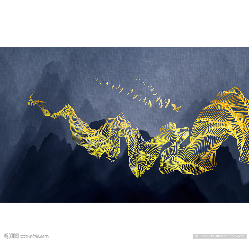 国潮抽象极简云纹线条飞鸟壁画