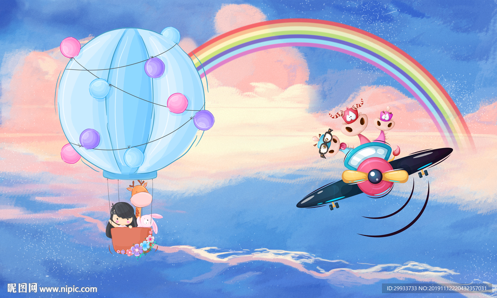 手绘卡通热气球飞机儿童房背景墙