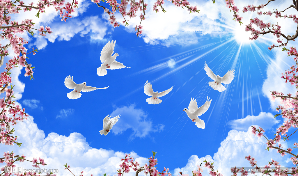 蓝天白云树叶桃花吊顶图片