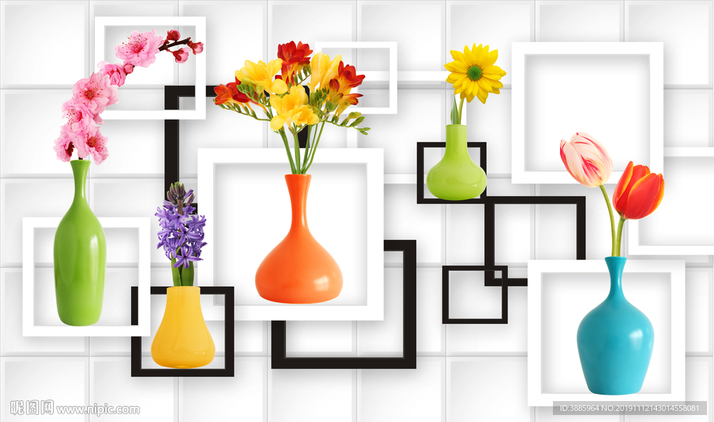 3D浮雕花朵花瓶立体背景墙图片