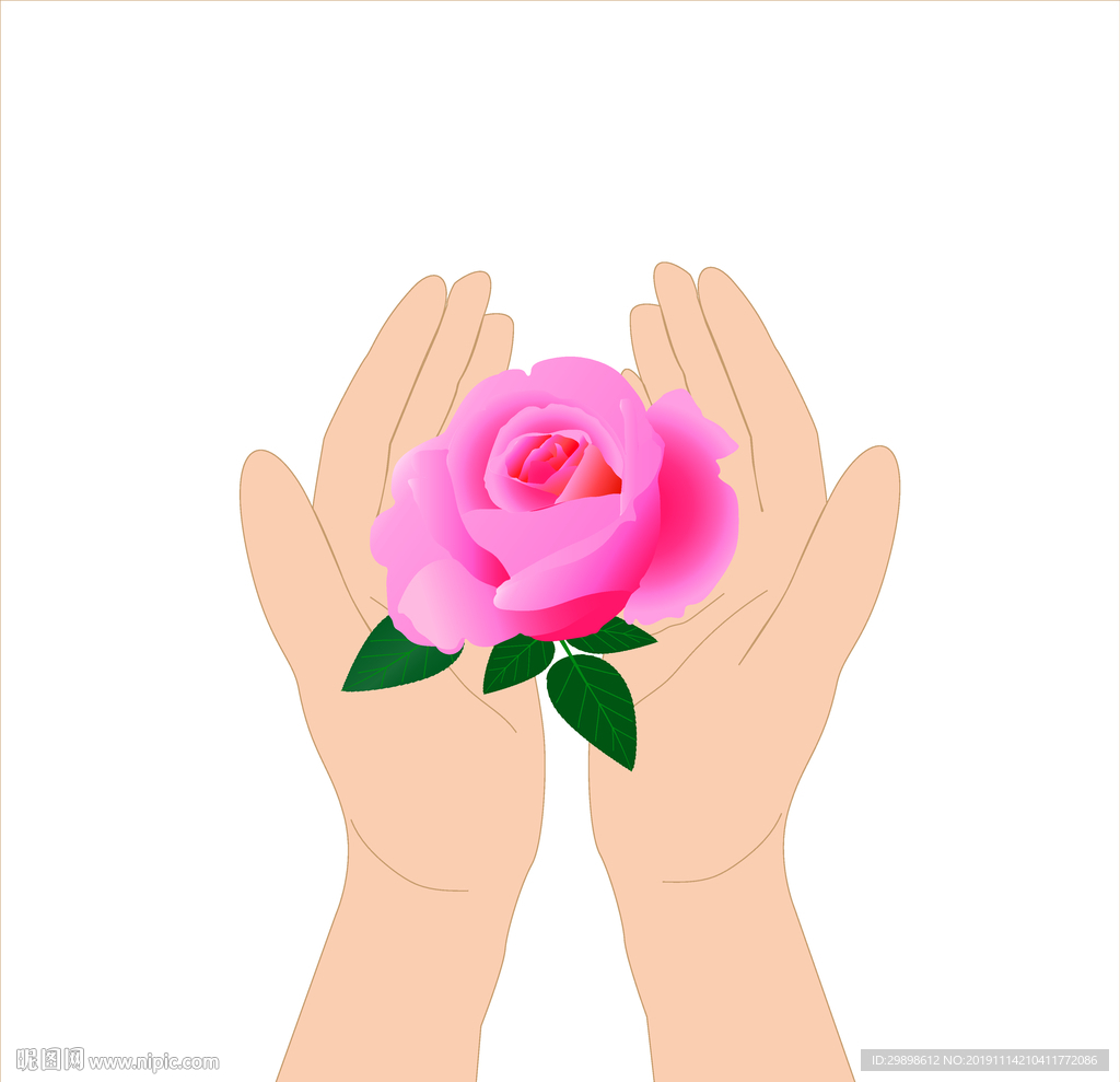 矢量图双手托捧一朵粉色玫瑰花