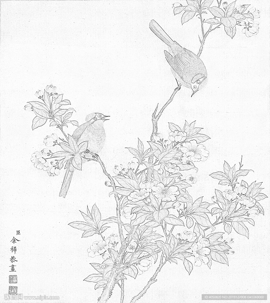余稚花鳥圖冊白描底稿工筆畫海棠