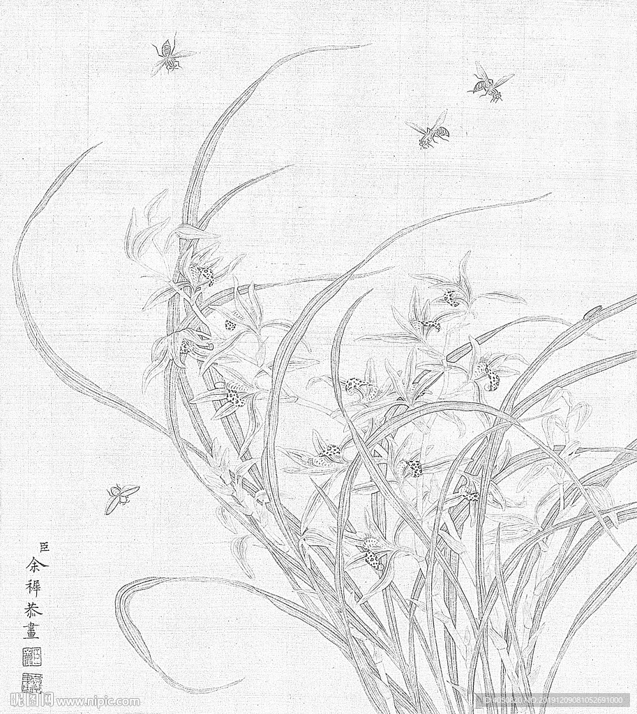 余稚花鳥圖冊白描底稿工筆畫蘭花