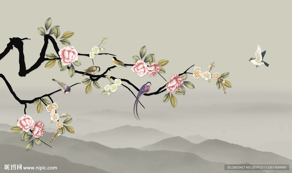 新中式手绘玉兰花鸟电视背景墙