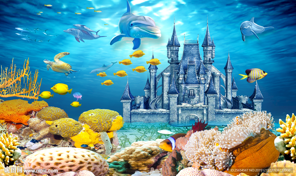 海底世界海豚儿童房间鱼群背景墙