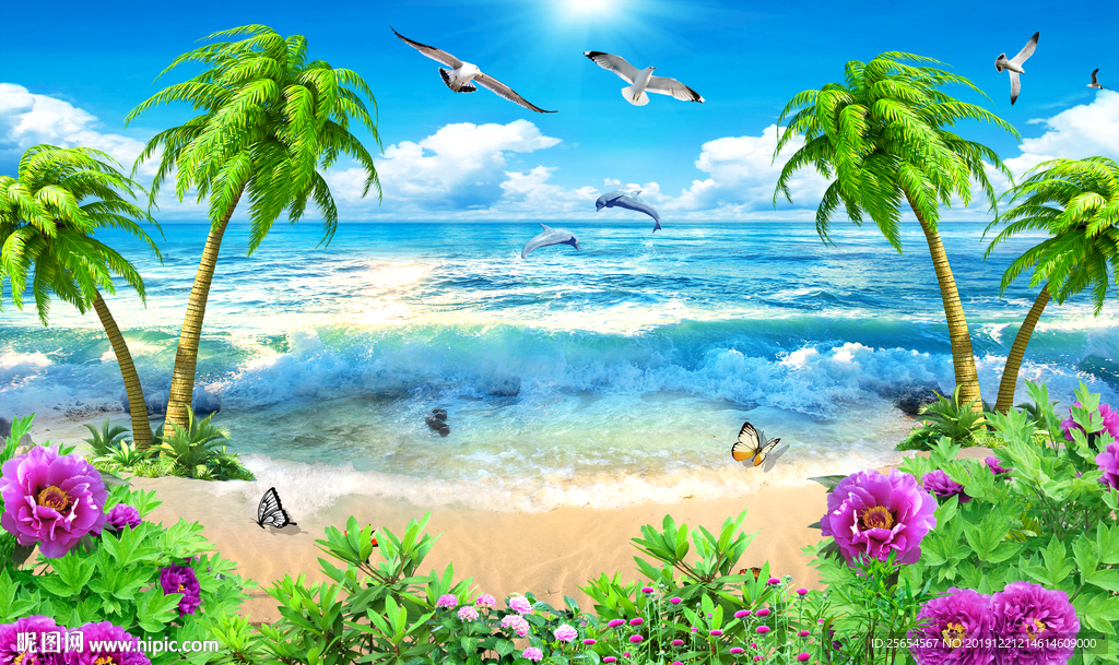 浪漫沙滩椰树大海背景墙