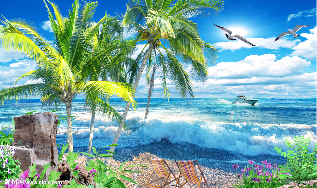 海景椰子树风景画背景墙