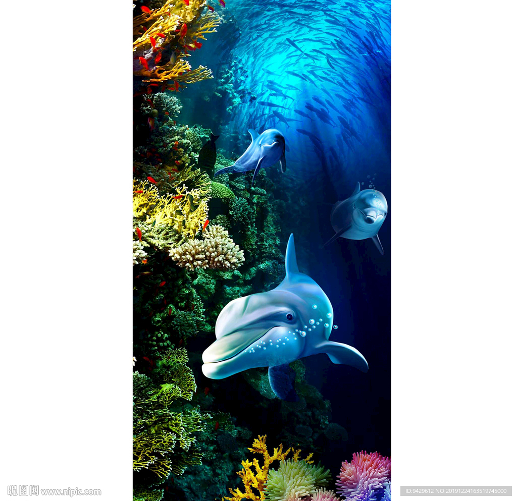 意境海底世界海豚梦幻玄关背景墙