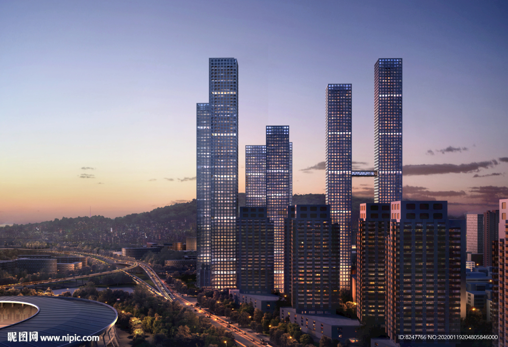 繁華都市夜景建筑效果圖