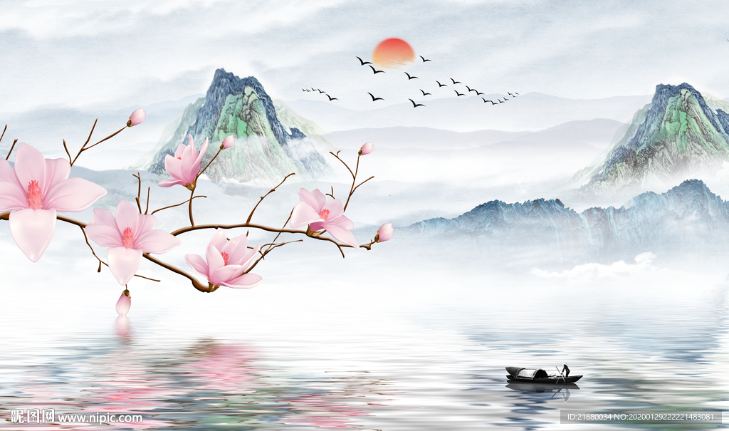 新中式抽象山水玉兰背景墙
