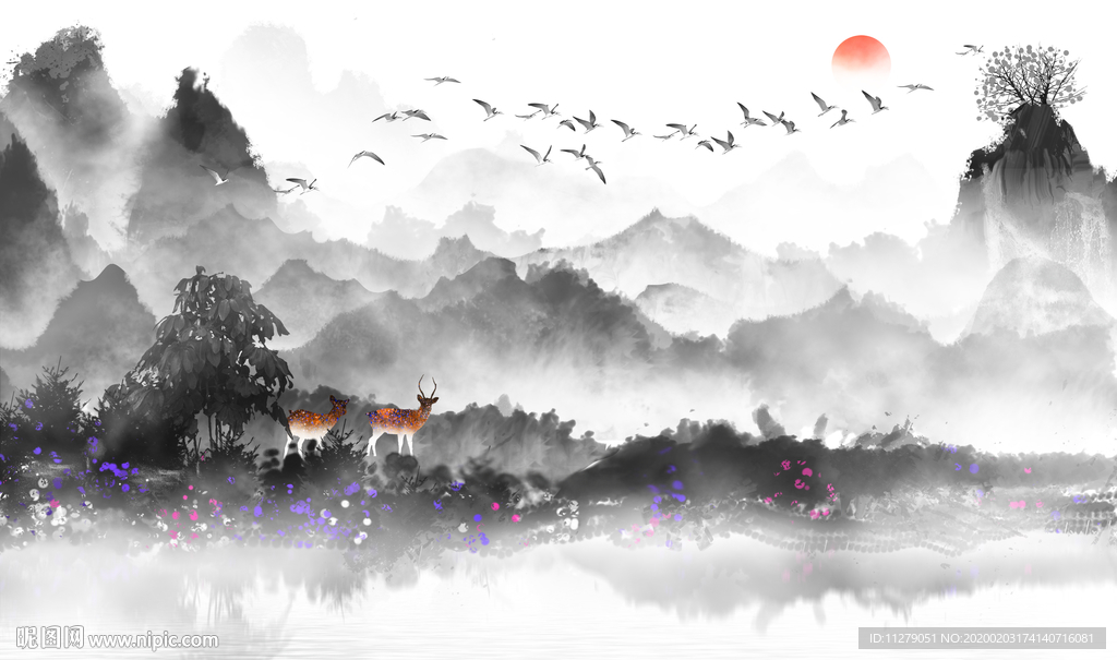 新中式山水水墨画背景墙