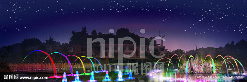 夜景喷泉水系效果图PSD分层