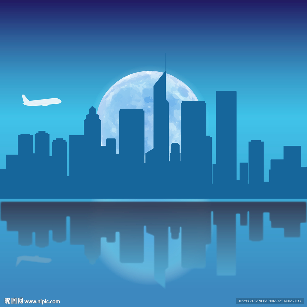 城市天际线建筑大月亮蓝色矢量图