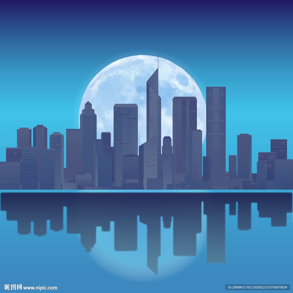 城市天际线建筑大月亮蓝色矢量图
