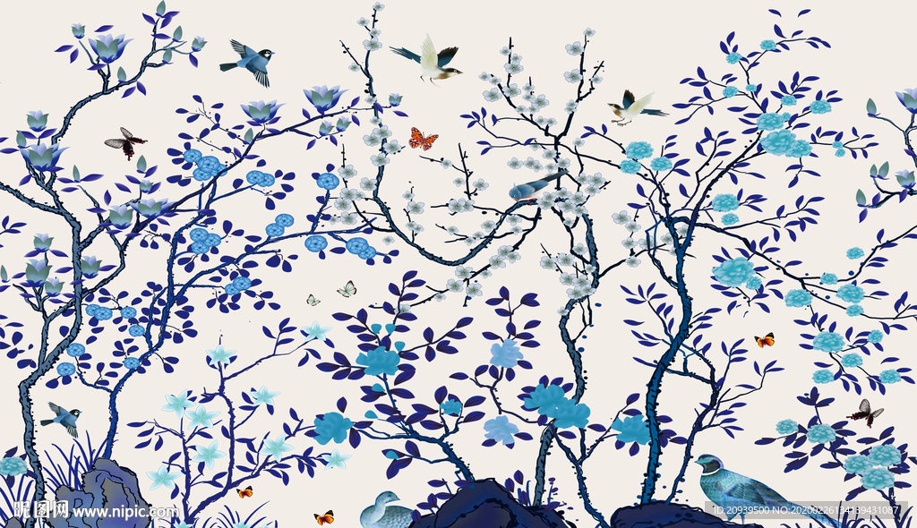 蓝色花鸟背景墙