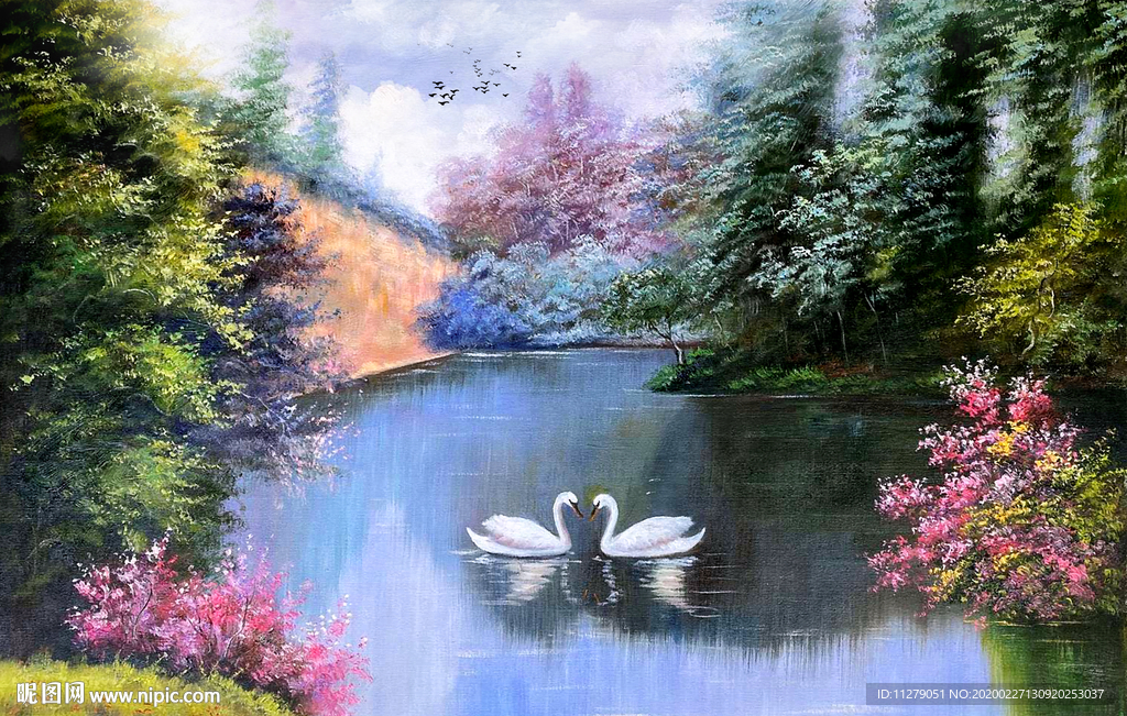 天鹅湖风景油画