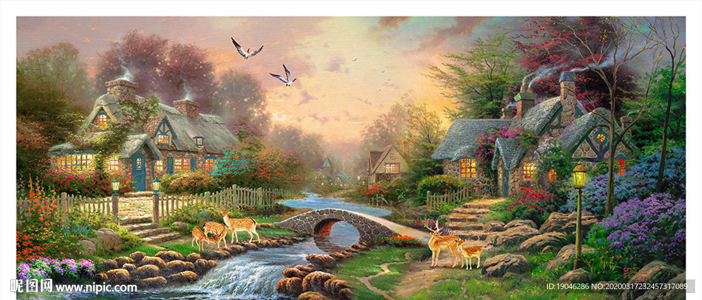歐式小橋小屋油畫風景