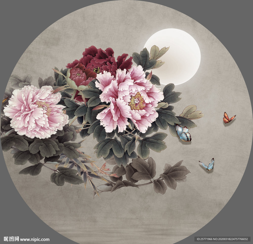 新中式手绘牡丹花鸟圆形装饰画