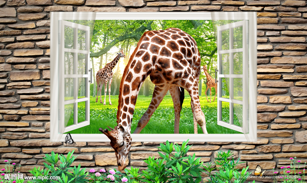 3D长颈鹿窗外风景儿童房背景墙
