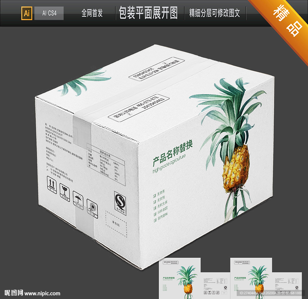 高档大气菠萝瓦楞纸箱包装平面图