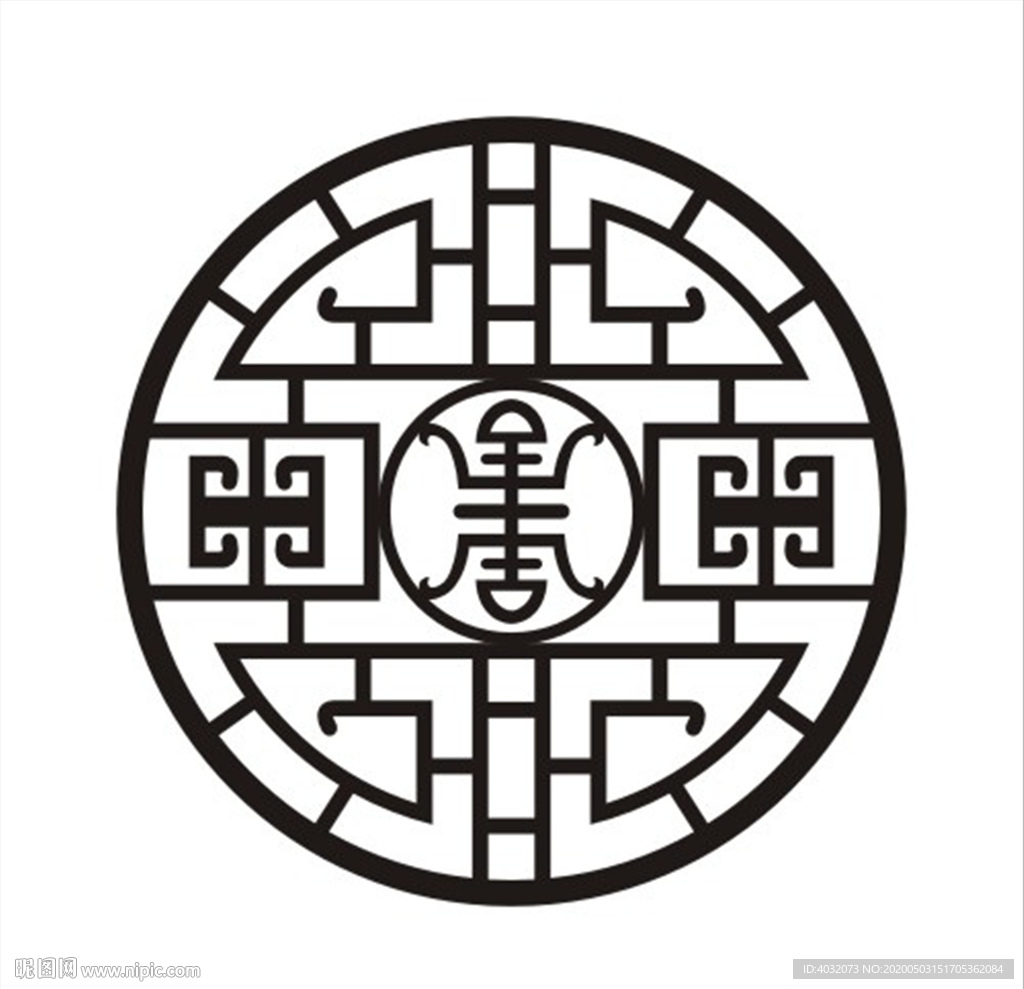 中式古典圆形窗格雕刻矢量图