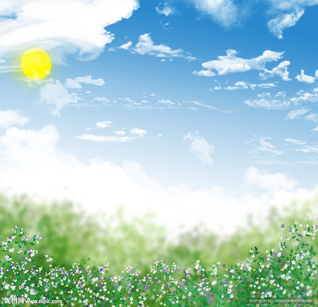 夏日分层蓝天白云野花