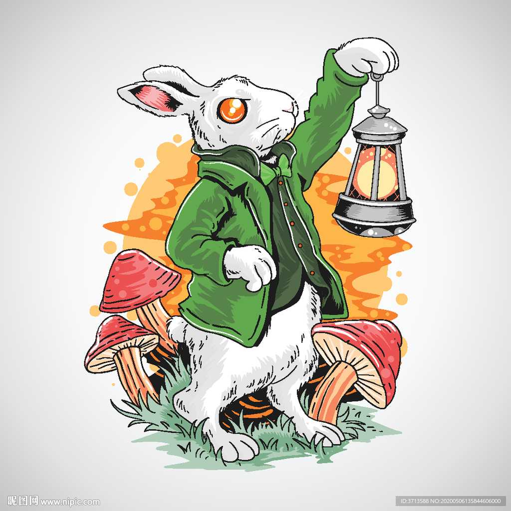 穿绿色外套的兔子蘑菇拟人插画