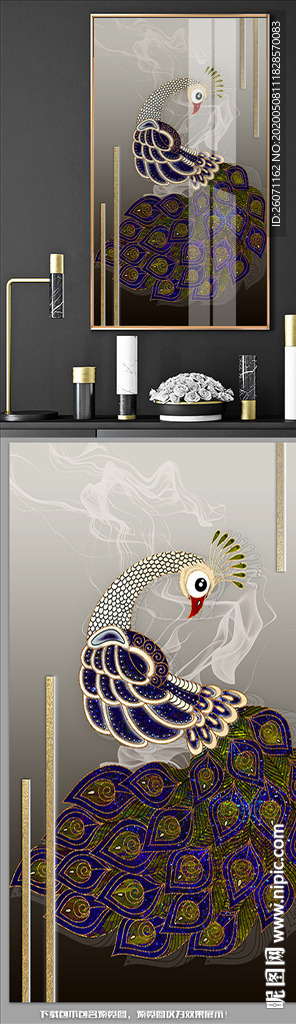 藍(lán)寶石鉑金孔雀玄關(guān)裝飾畫