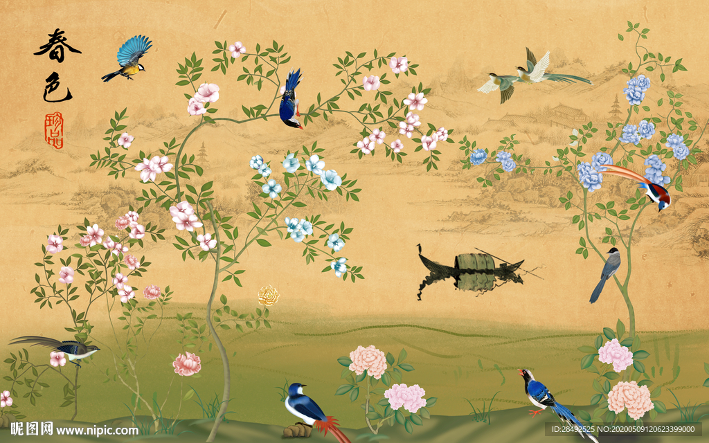 工筆花鳥背景墻
