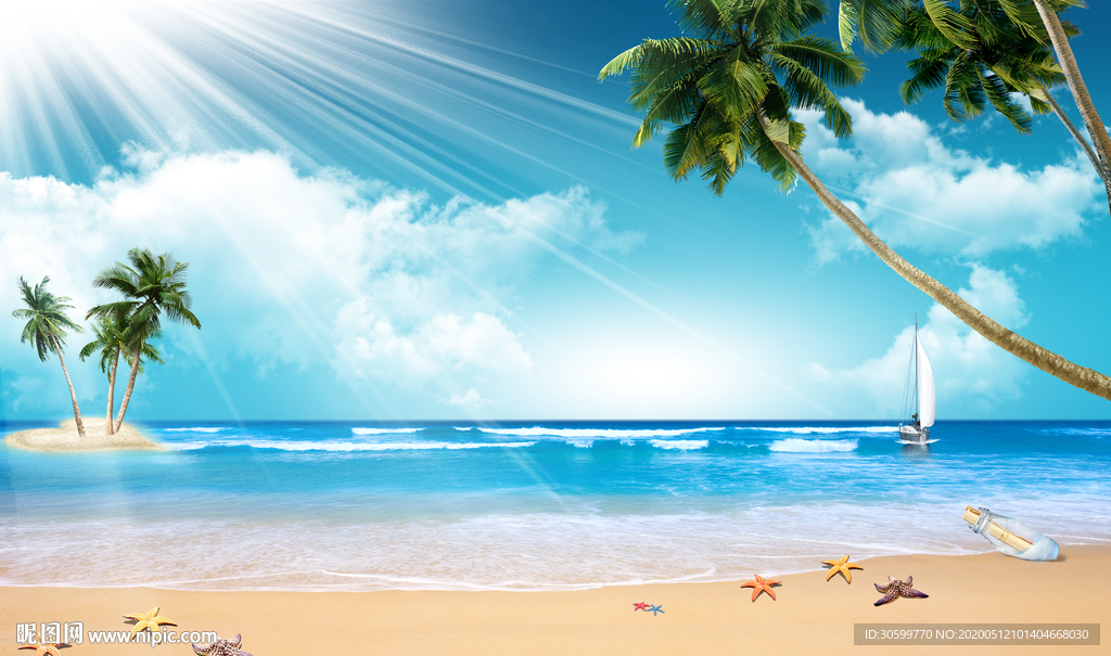 蓝天白云海滩海景背景装饰画图片