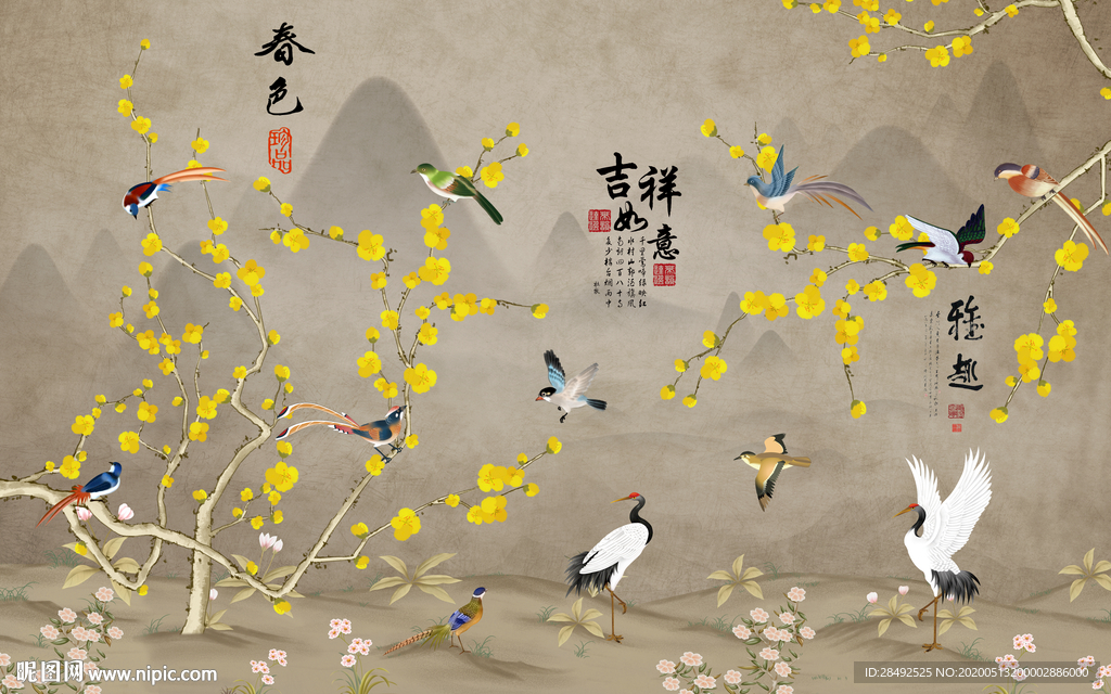 中式花鳥背景墻
