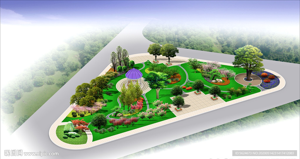 三角地带小游园景观绿化效果图
