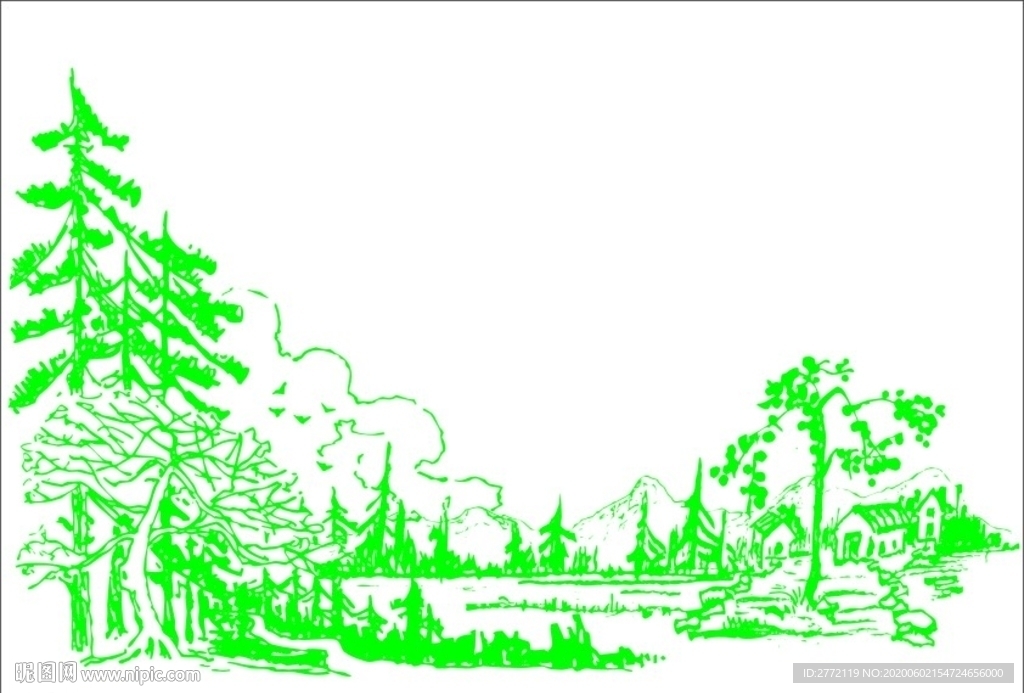 树林小屋 手绘画