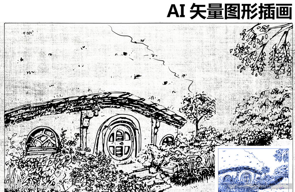 手繪山中建筑風景速寫素描圖素材