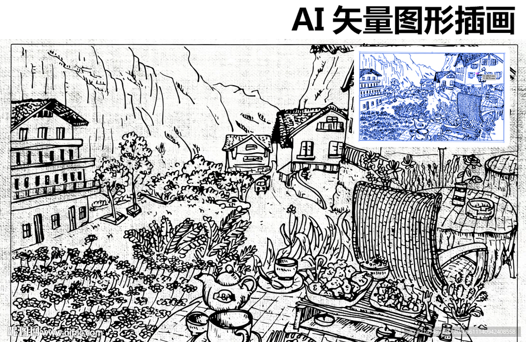 手繪國外建筑風景速寫素描圖素材