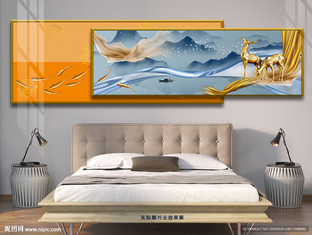 新中式山水画麋鹿双层装饰画