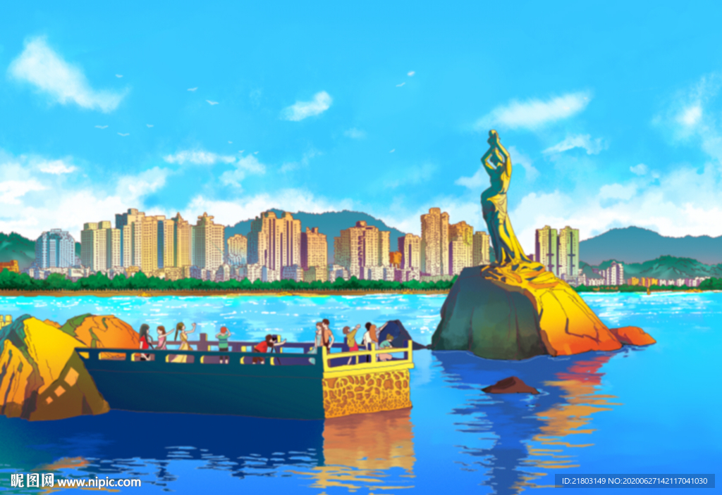 手绘珠海美景珠海渔女素描美景