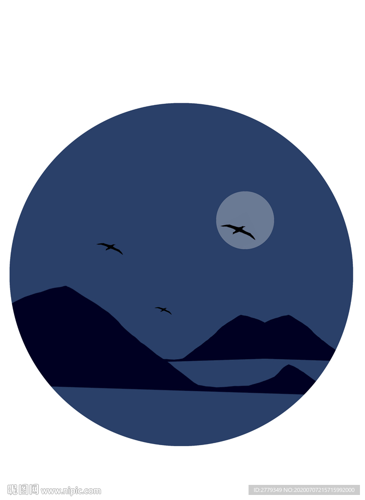 月夜海山圖商業風景插畫
