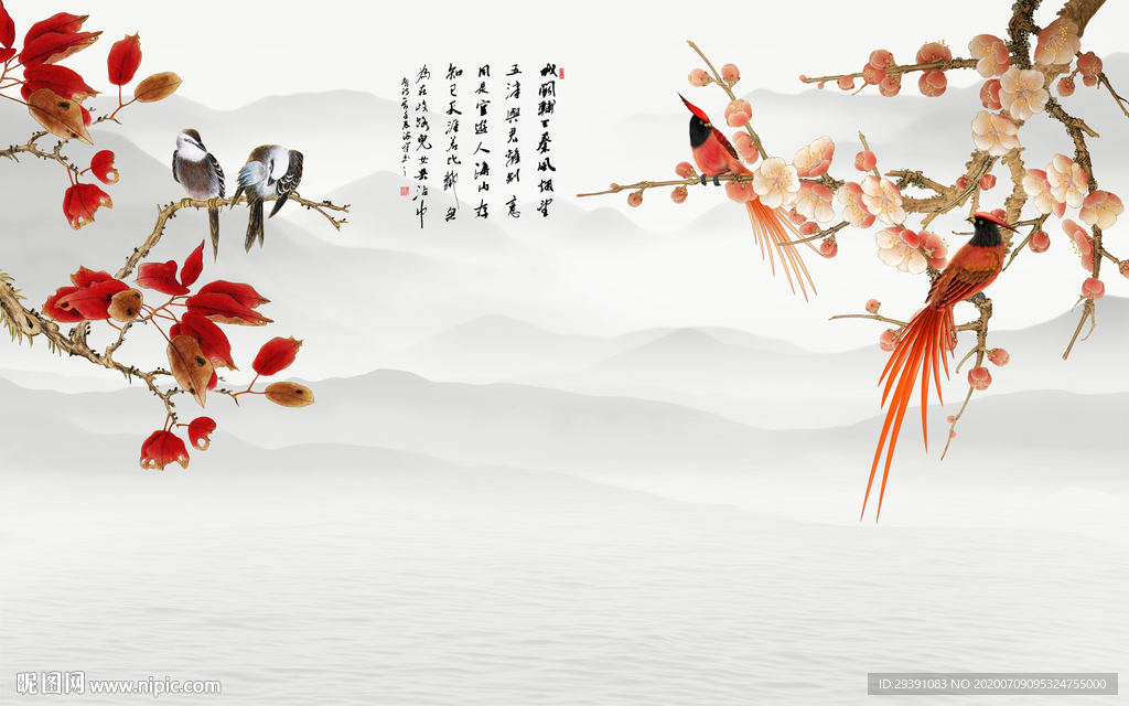 新中式抽象水墨山水花鸟壁画背景