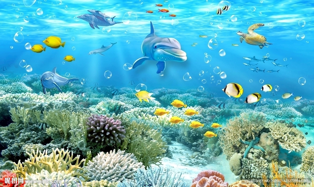 3D海底世界海豚热带鱼电视背景